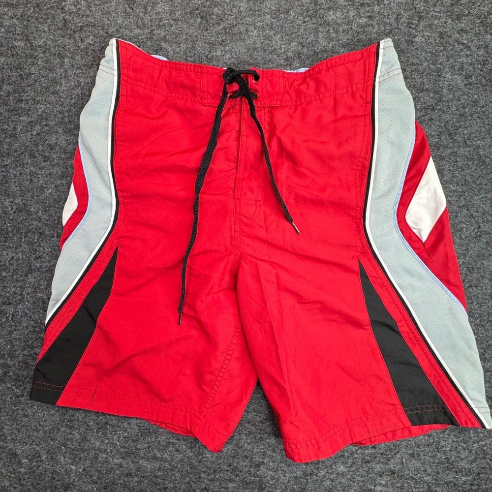 Speedo Board Shorts Mens Size Medium Red Colorblock Swim Trunks Mesh Lined
